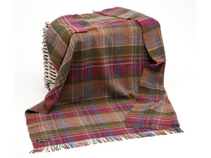 Plaid Pure Wool Irish Picnic Blanket - Raspberry/Purple/Green